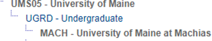 A screenshot from MaineStreet depicting the heirarchy of Machias appearing underneath UMaine Undergraduate
