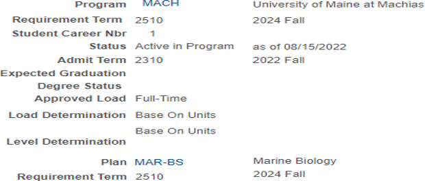 A screenshot depticting the type of information that will be seen in MaineStreet Student Center's academics tab
