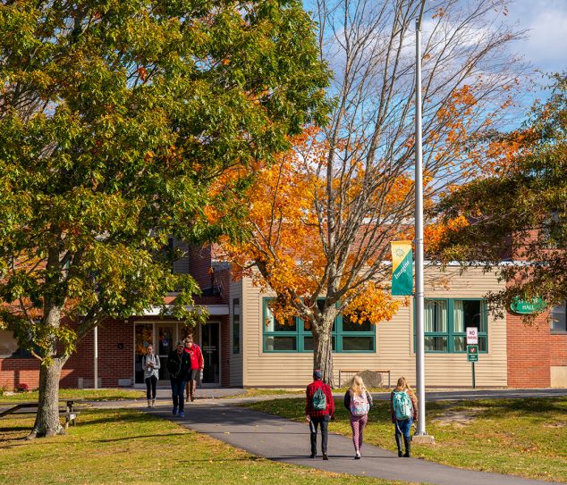 Students walking on the campus mall on an autumn day
