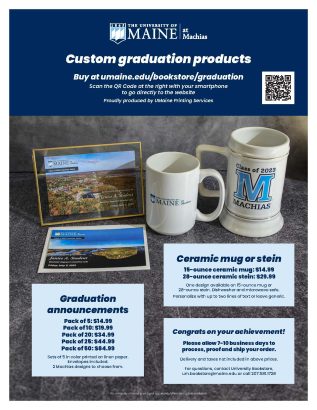 The photo includes pricing for a framed card, stein and mug that can all be customized for 2023 UMaine and UMaine Machias graduates
