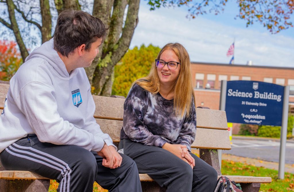 UMaine Machias students sitting at the Science Building