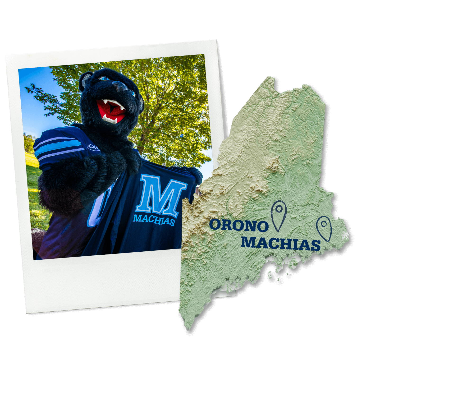 A collage showing a photo of Bananas holding a UMaine Machias shirt and a map of Maine with points for Orono and Machias