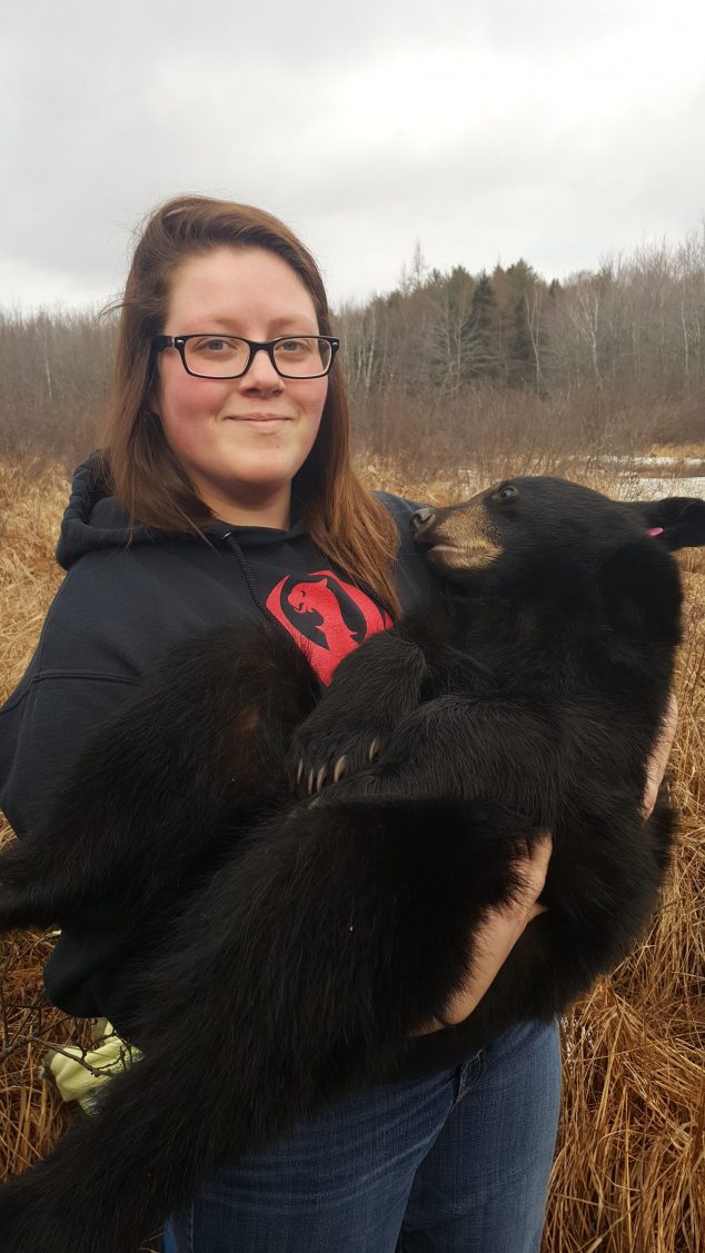 Student holding tagged bear cub