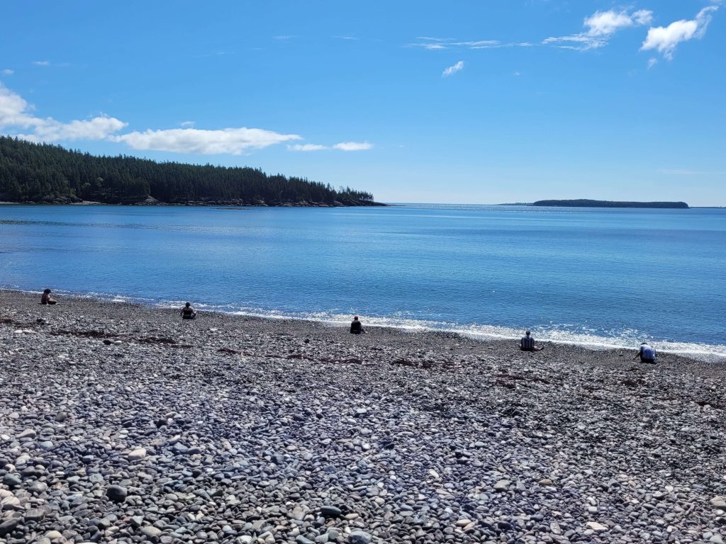 Five students relax along the edge of the ocean at Jasper beach as they sit on the rocks, evenly spaced apart. 