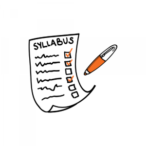 illustration of syllabus with pen and checkmarks. Link to Sample Syllabi