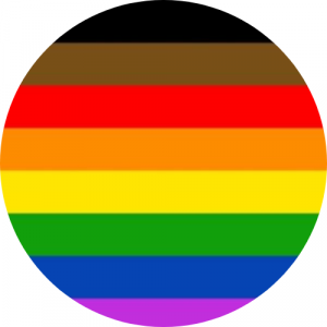 circle with stripes of black, brown, red, orange, yellow, green, blue and purple. Link to LGBTQ+ and Gender Expansive Resources