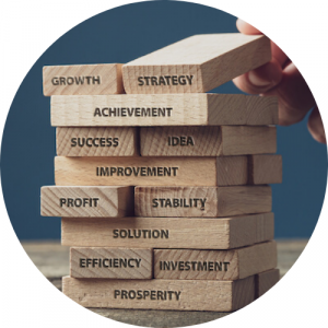 stacked block with text that reads: growth, strategy, achievement, success, idea, improvement, profit, stability, solution, efficiency, investment, and prosperity. Link to Becoming a Business Professional patheay.