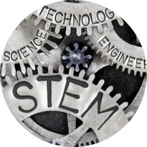 Gears with text that reads: STEM, Technology, Engineering and Science. Link to Introduction to Science, Technology, Engineering, & Mathematics (STEM) pathway.