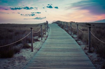 Photo of wooden walkway on a beach. Link to Early College Career Pathways