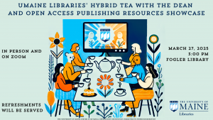 Illustration of people sharing tea around a table with a screen displaying 'Hybrid Tea with the Dean and Open Access Publishing Resources Showcase.' Event date: March 27, 3 PM.