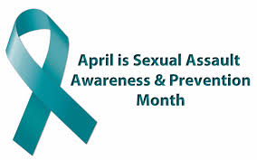 Image of a blue ribbon with text headline, April is Sexual Assault Awareness & Prevention Month