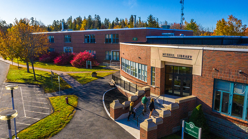 Aerial photo of Merrill Library on UMM campus