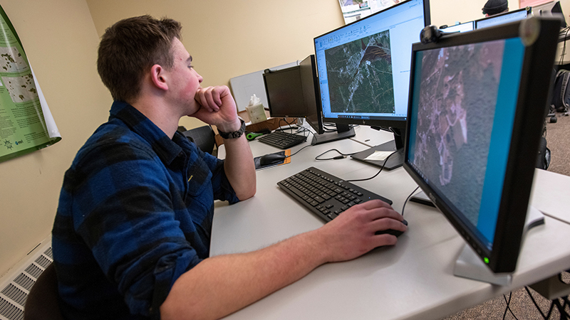 A student looking at maps on two large ocmputer monitors