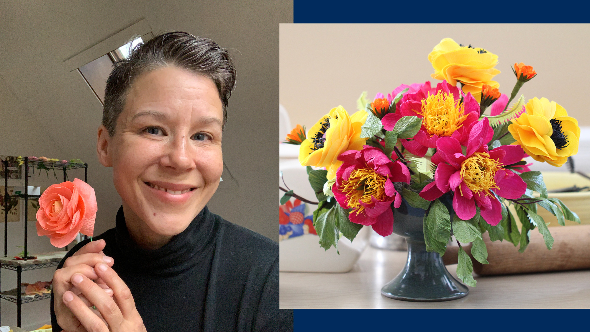 A photo of a woman holding a paper flower, next to a photo of a paper flower bouquet