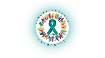 A rainbow of colors depict a group of people outlines. The words Sexual Assault Awareness cicle it in black. A teal ribbon is in the center of the circle.