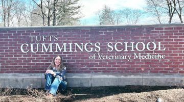 Morghan sits in front of a brick sign for Cummings School of Veterinary Medicine during her fist visit.