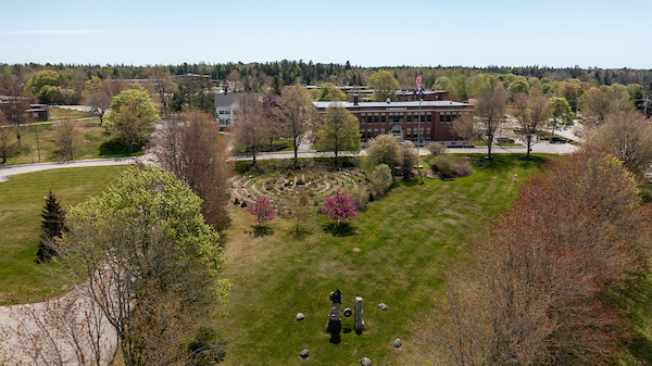 Aerieal photo of the front lawn by college hill and Powers hall