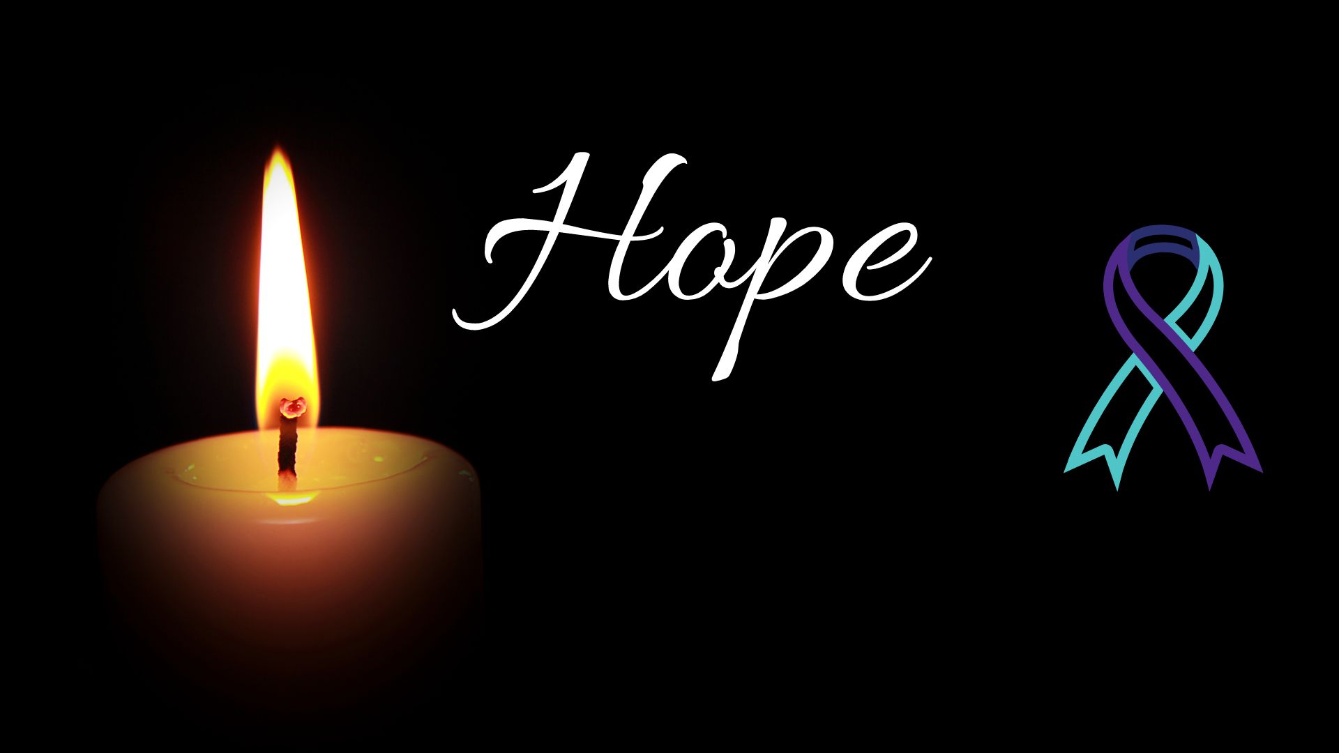 A black background with a candle lit on the left hand side, a purple and teal ribbon on the right and the word "Hope" written in white in the center