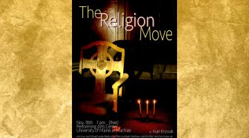 Poster for "The Religion Move" documentary on a gold background. The poster has the movie name with a golden colored chair, the light streamin on it in a dark room. There are lit candles on the floor of the room.