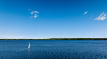 A sail boat on the lake with blue skies.