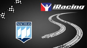 Black background with iRacing logo, UMaine Machias sail logo, fishing line flags and tread marks