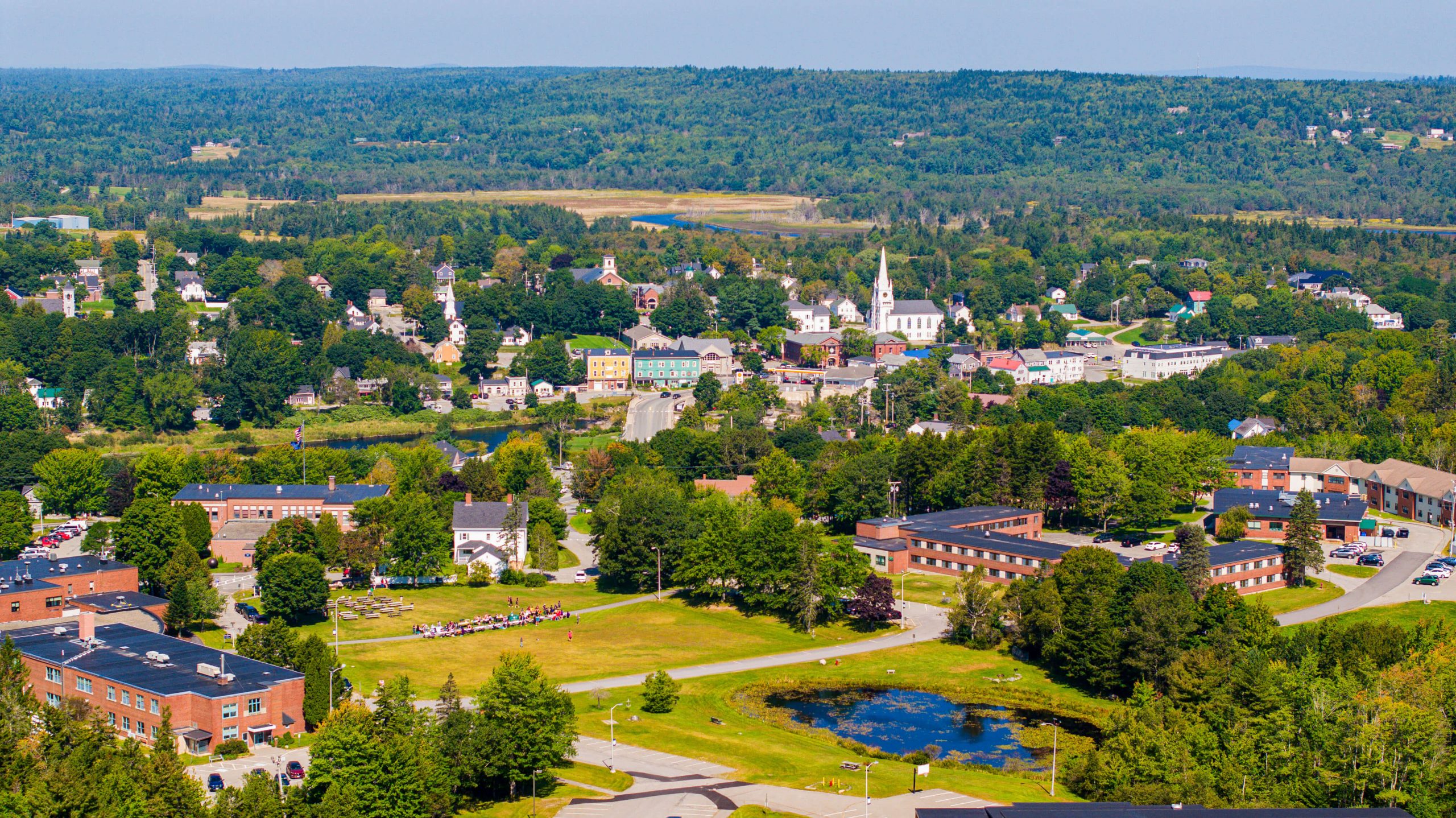 An aerial view of campus in summer.