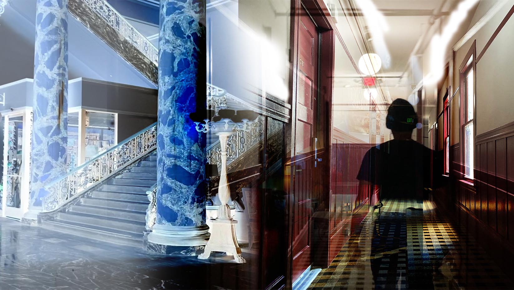 The left side of the photo is a blue and white staircase, while the right side is a shadow of someone walking down a red and brown hallway.