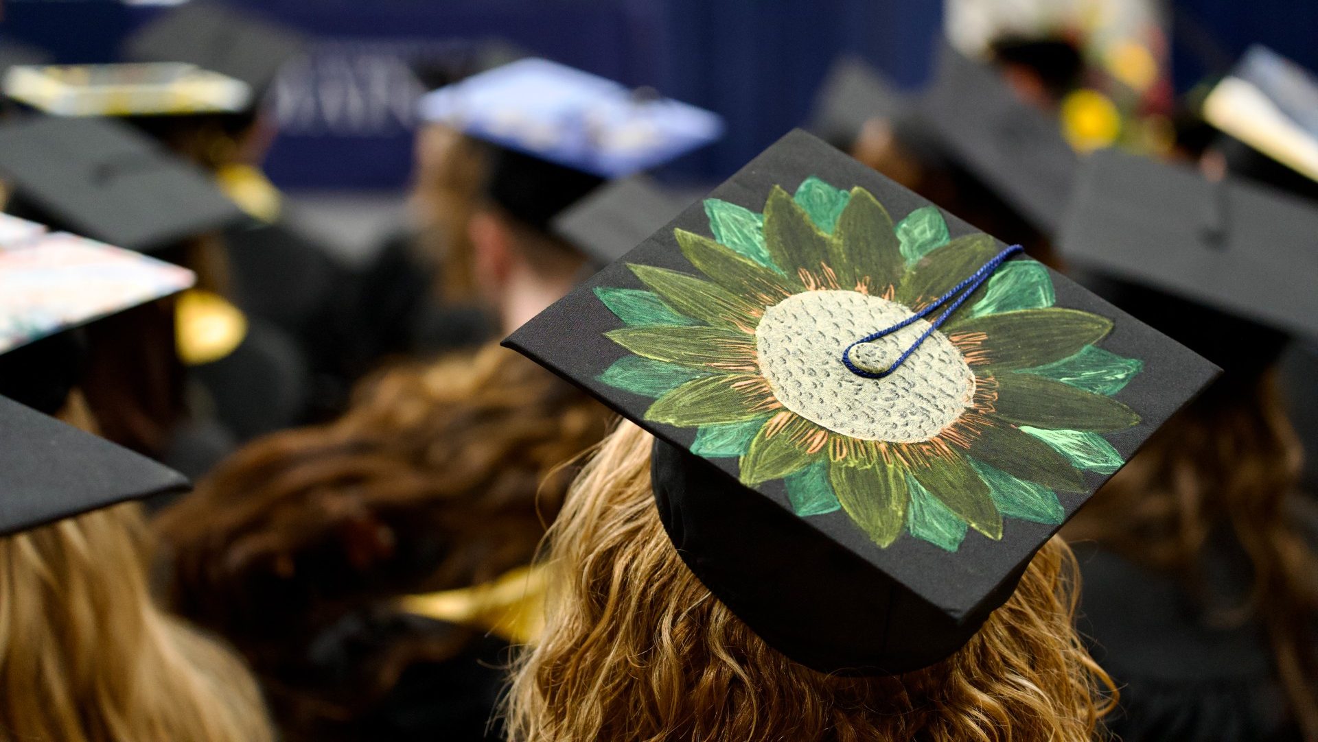 A photo of graduates caps taken from behind as they sit at commencement. The focus is on one cap with a flower painted on the top.