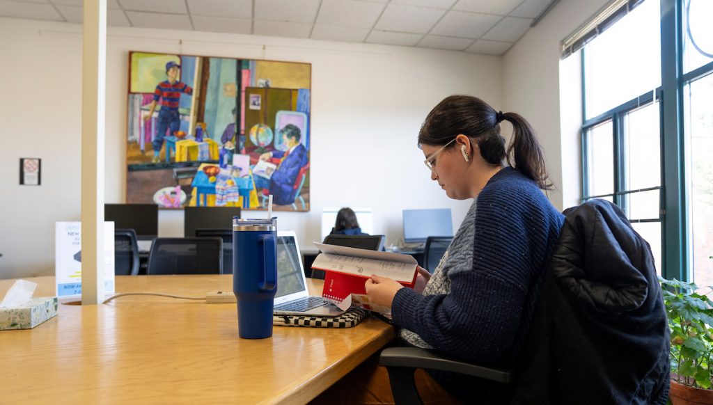 a young woman at a desk with a book