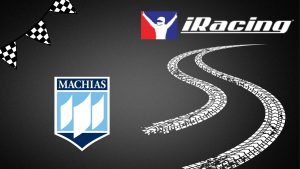Black background with iRacing logo, UMaine Machias sail logo, fishing line flags and tread marks