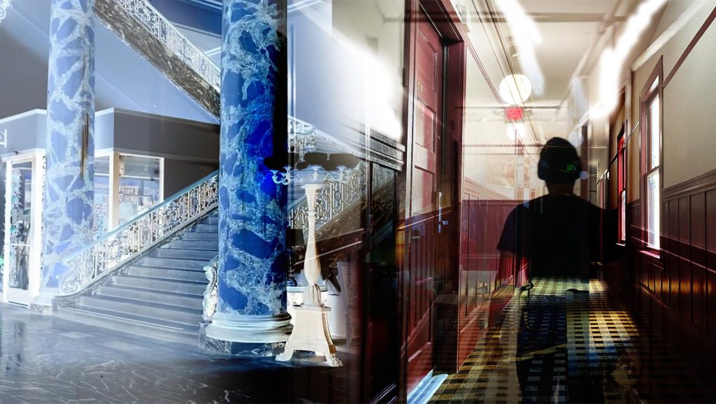 The left side of the photo is a blue and white staircase, while the right side is a shadow of someone walking down a red and brown hallway.