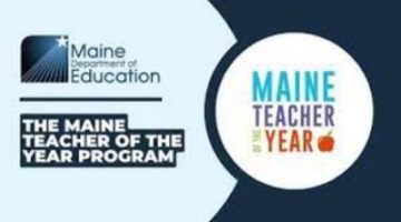 The Maine Department of Education logo set on a mix of dark and light blue background. To the right within a white circle are multi colored words "Maine Teacher of the Year"