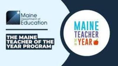 The Maine Department of Education logo set on a mix of dark and light blue background. To the right within a white circle are multi colored words "Maine Teacher of the Year"