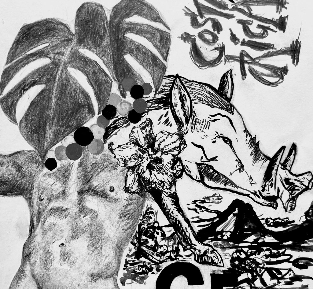 black and white drawing including a palm leaf, mountain, wild boar, human form and flower.