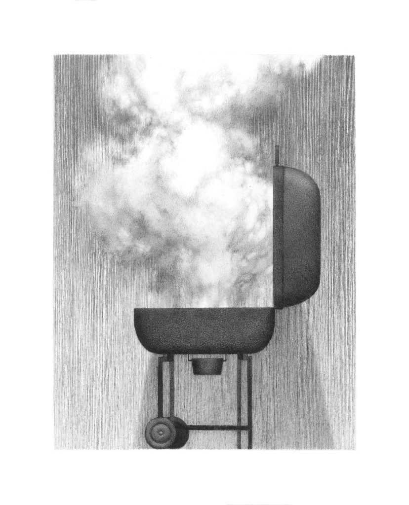 black and white drawing of a coal grill with smoke coming out