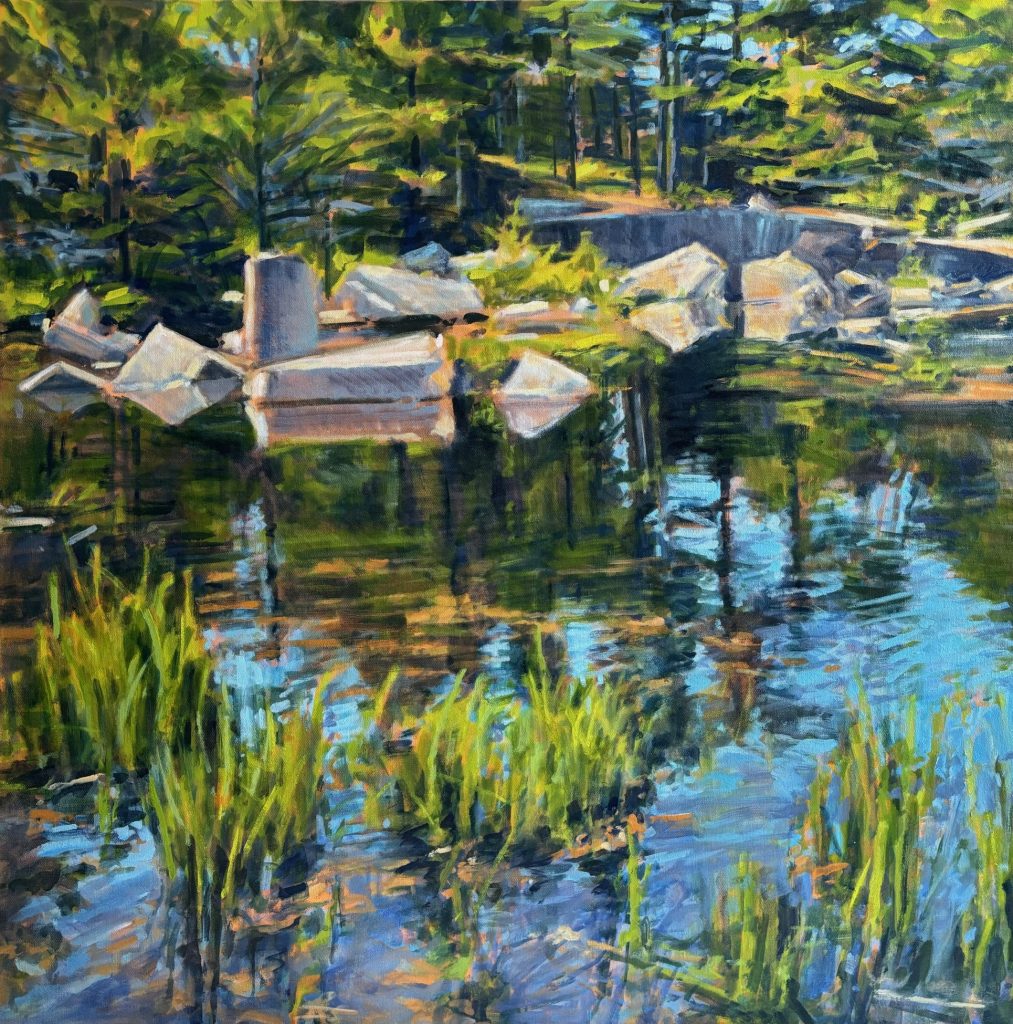 A painting of water and plant life in a pit made of granite. Most of the colors are blue, green and grays.