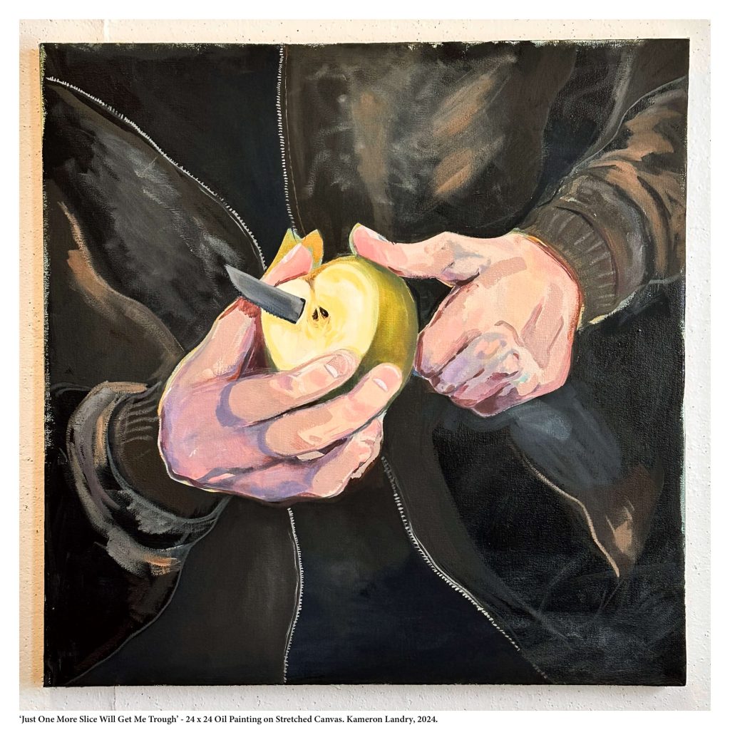 painting showing someone's arms and hands. They are wearing a coat and slicing a green apple.