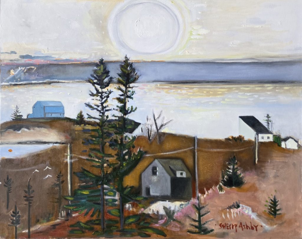 Painting of a home, trees and land on the cost of Maine. A few of the ocean in the background.
