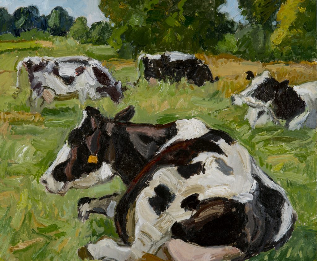 A painting of four black and white cows laying in a field of green grass with trees in the background.